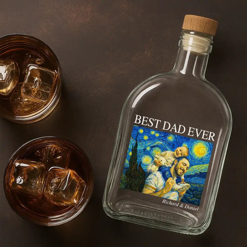 Gift For Father,Custom Photo,Art Design,Proud,Photo - Starry Night  - Custom Photo Starry Night Best Dad Papa Ever - Personalized Whiskey Bottle
