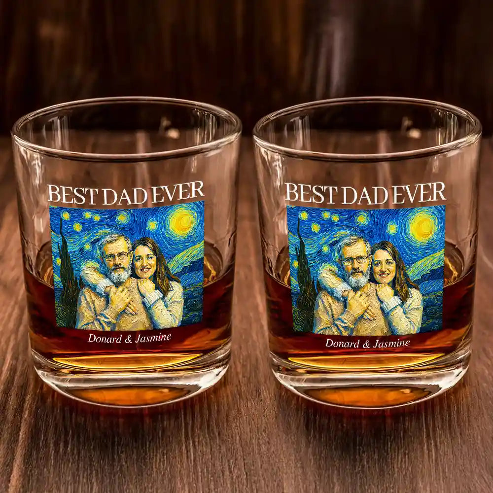 Gift For Father,Custom Photo,Art Design,Proud,Photo - Starry Night  - Custom Photo Starry Night Best Dad Papa Ever - Personalized Whiskey Glass
