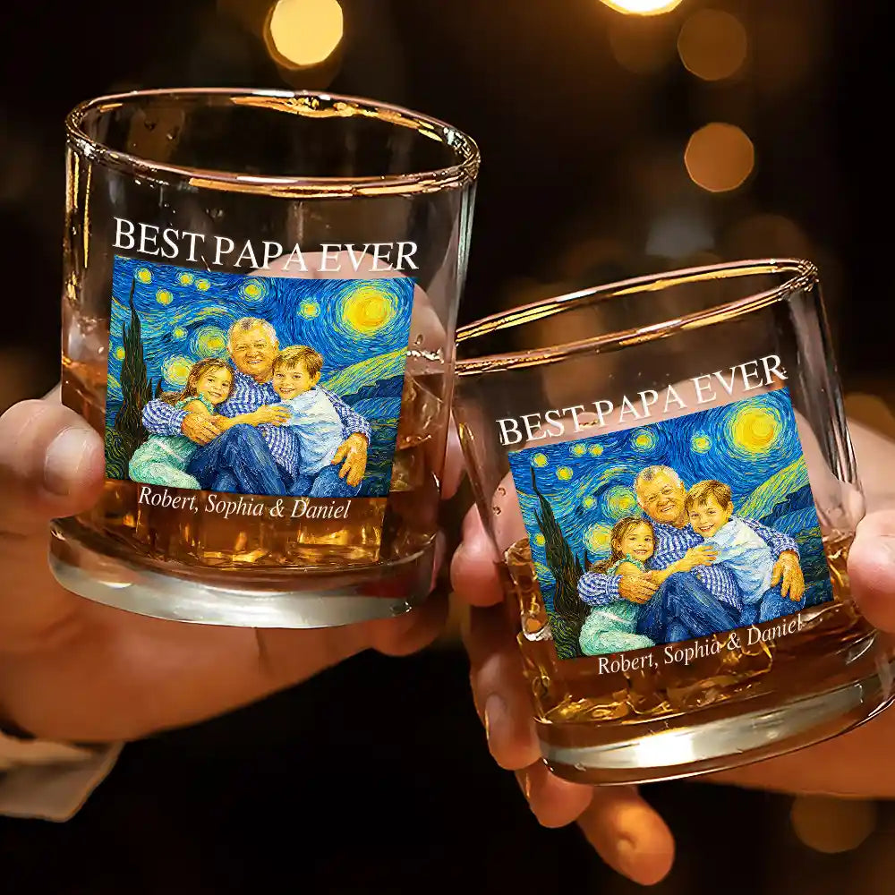 Gift For Father,Custom Photo,Art Design,Proud,Photo - Starry Night  - Custom Photo Starry Night Best Dad Papa Ever - Personalized Whiskey Glass
