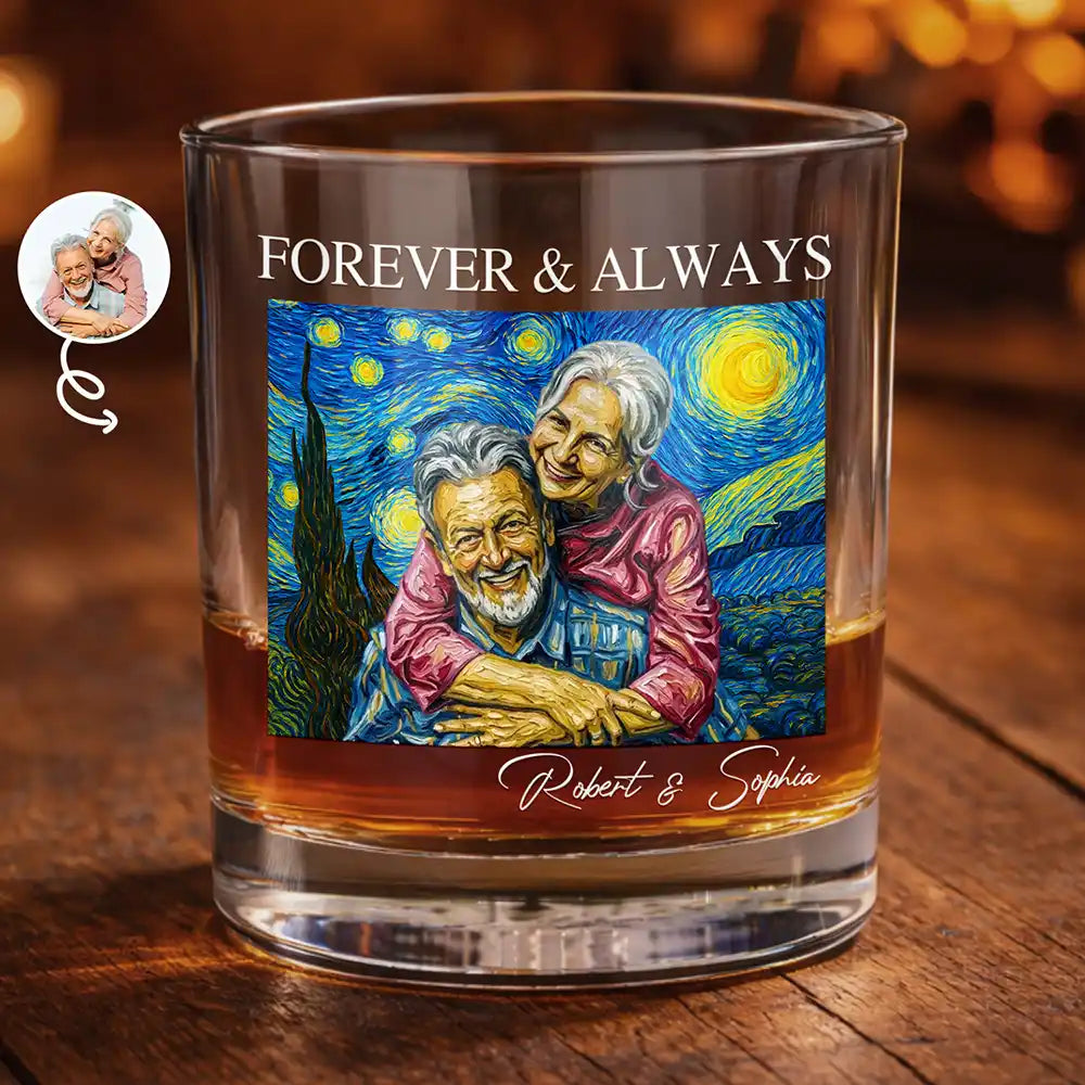 Custom Photo, Art Design, Gift For Couples, Top Market, Romantic, Photo - Starry Night - Custom Photo Starry Night Forever & Always Couple Anniversary - Personalized Whiskey Glass