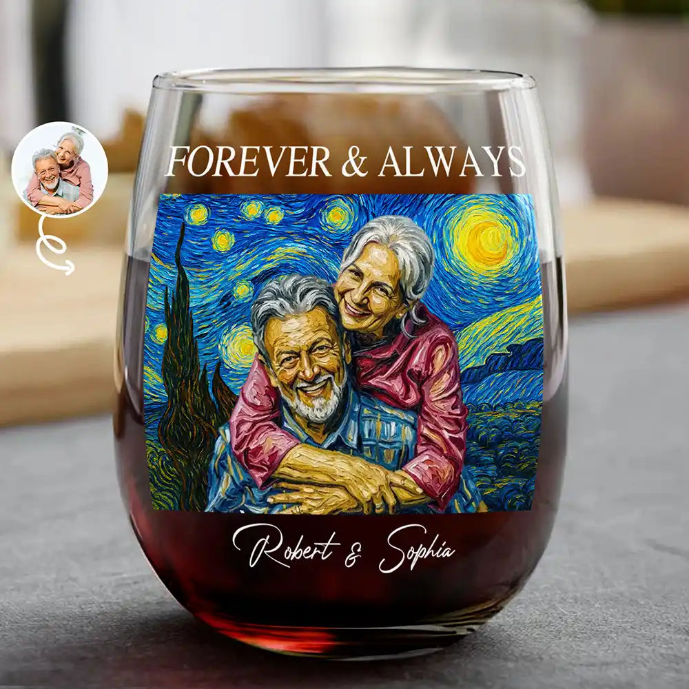 Custom Photo, Art Design, Gift For Couples, Wedding, Romantic, Photo - Starry Night - Custom Photo Starry Night Forever & Always Couple Anniversary - Personalized Stemless Wine Glass