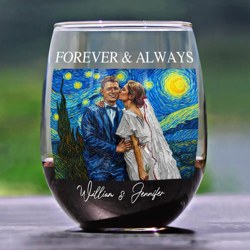 Custom Photo, Art Design, Gift For Couples, Wedding, Romantic, Photo - Starry Night - Custom Photo Starry Night Forever & Always Couple Anniversary - Personalized Stemless Wine Glass