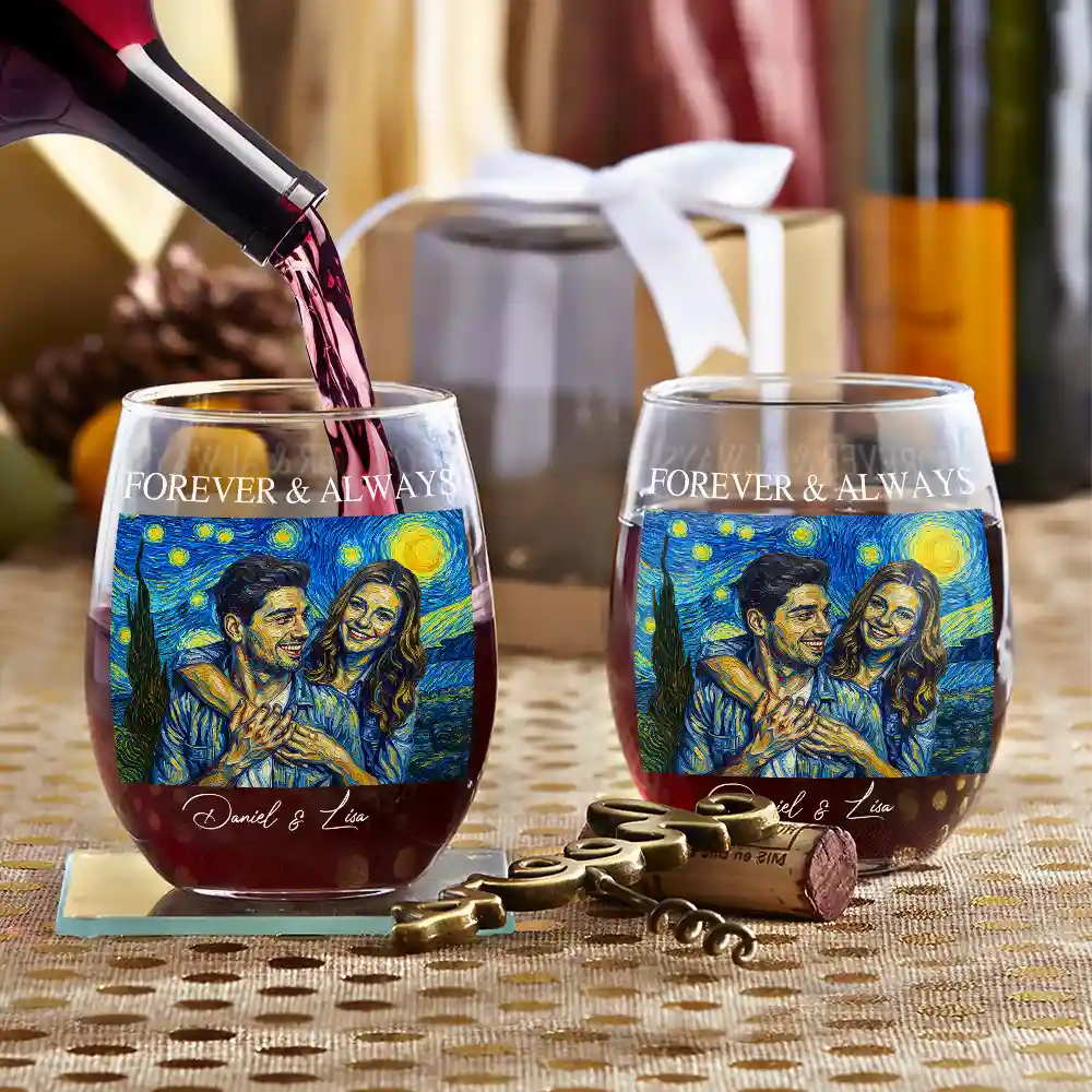 Custom Photo, Art Design, Gift For Couples, Wedding, Romantic, Photo - Starry Night - Custom Photo Starry Night Forever & Always Couple Anniversary - Personalized Stemless Wine Glass