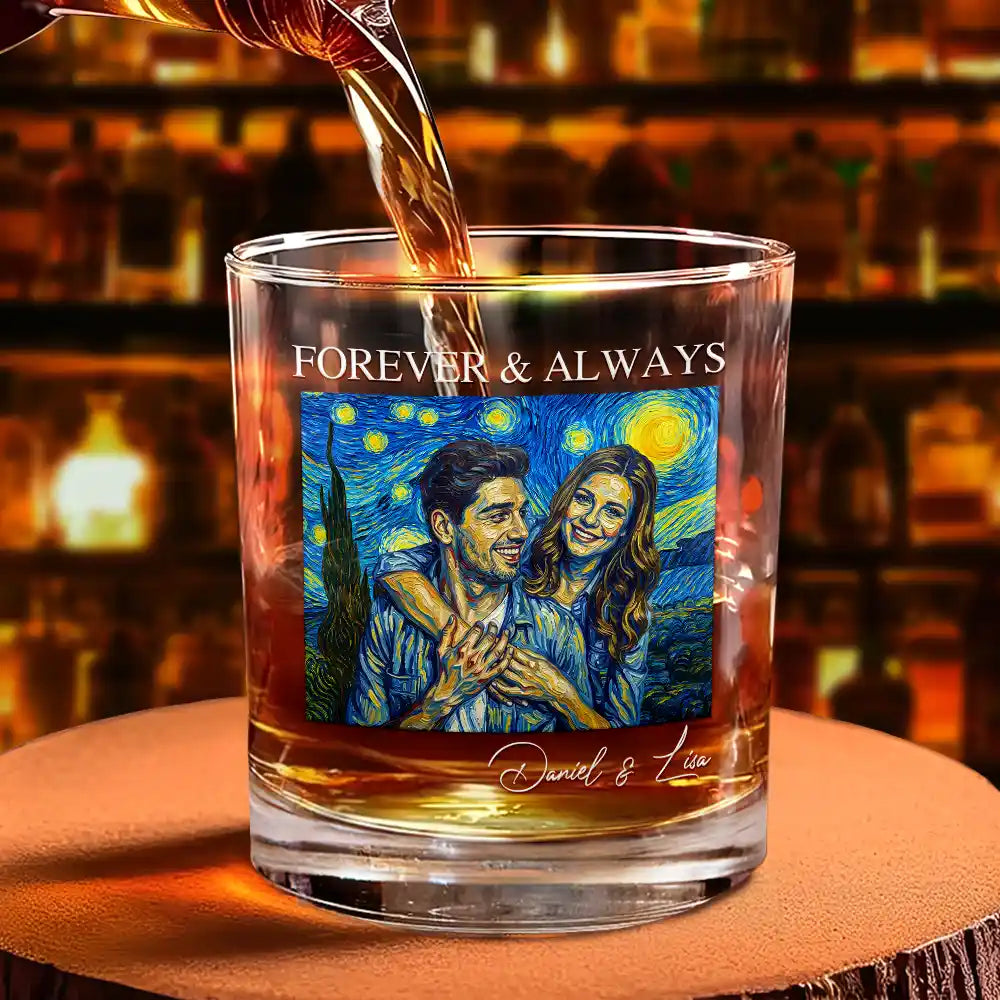 Custom Photo, Art Design, Gift For Couples, Top Market, Romantic, Photo - Starry Night - Custom Photo Starry Night Forever & Always Couple Anniversary - Personalized Whiskey Glass