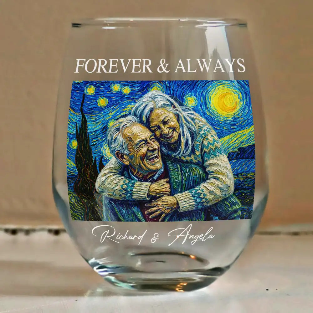Custom Photo, Art Design, Gift For Couples, Wedding, Romantic, Photo - Starry Night - Custom Photo Starry Night Forever & Always Couple Anniversary - Personalized Stemless Wine Glass