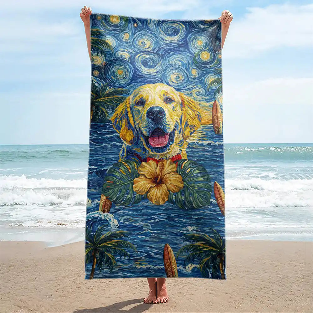 Custom Photo, Beach, Art Design, Summer, Top Market, Pet Mom, Pet Lovers, Gift For Mother, Playful, Photo - Starry Night  - Custom Photo Starry Night Tropical Pattern Dog Cat Kid - Personalized Beach Towel