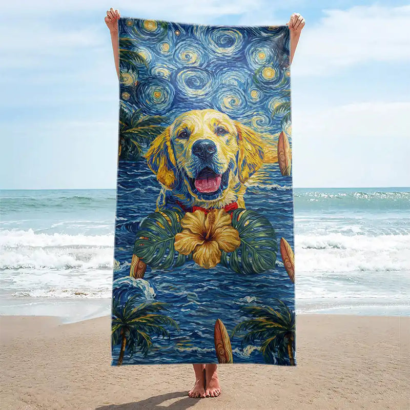Custom Photo, Beach, Art Design, Summer, Top Market, Pet Mom, Pet Lovers, Gift For Mother, Playful, Photo - Starry Night  - Custom Photo Starry Night Tropical Pattern Dog Cat Kid - Personalized Beach Towel