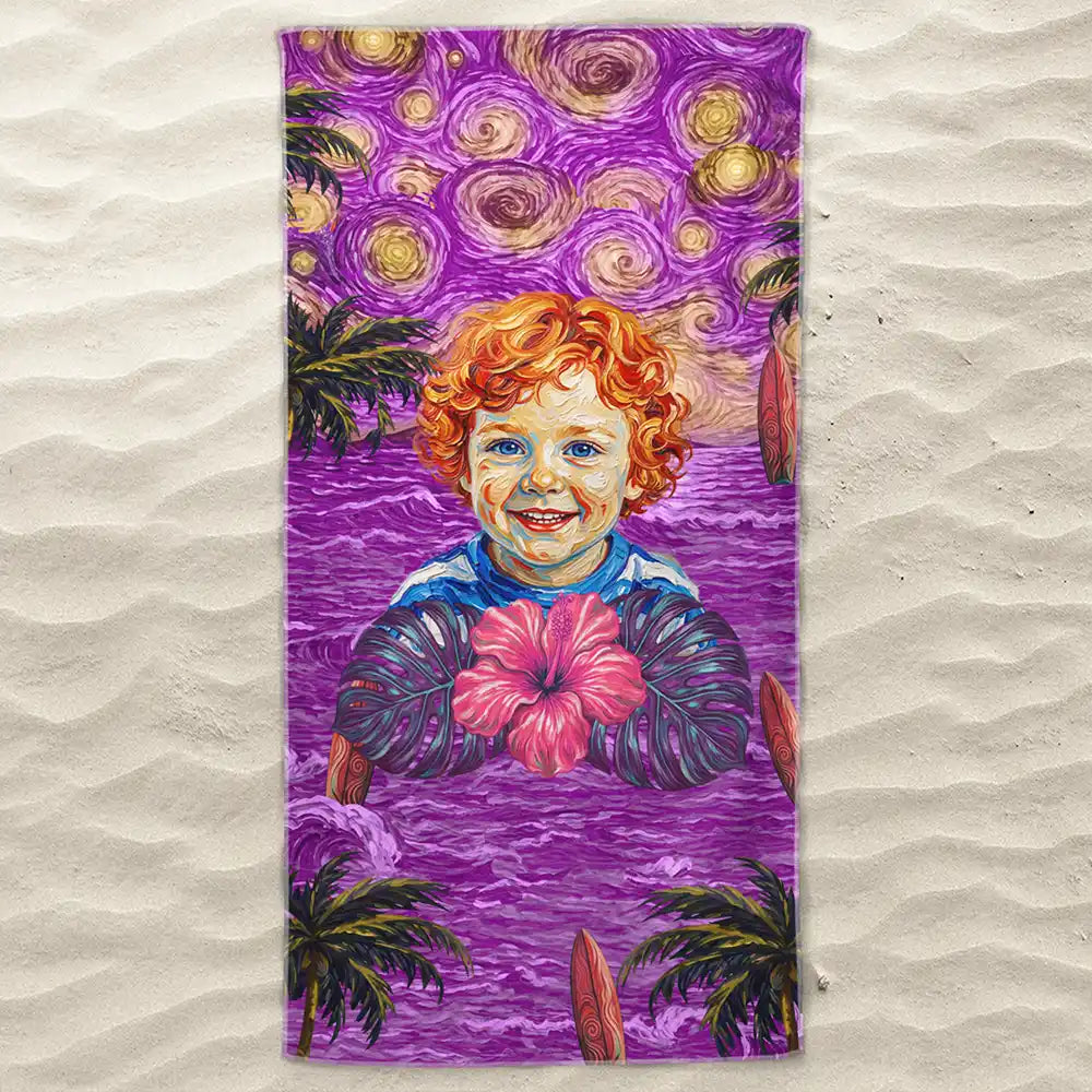 Custom Photo, Beach, Art Design, Summer, Top Market, Pet Mom, Pet Lovers, Gift For Mother, Playful, Photo - Starry Night  - Custom Photo Starry Night Tropical Pattern Dog Cat Kid - Personalized Beach Towel