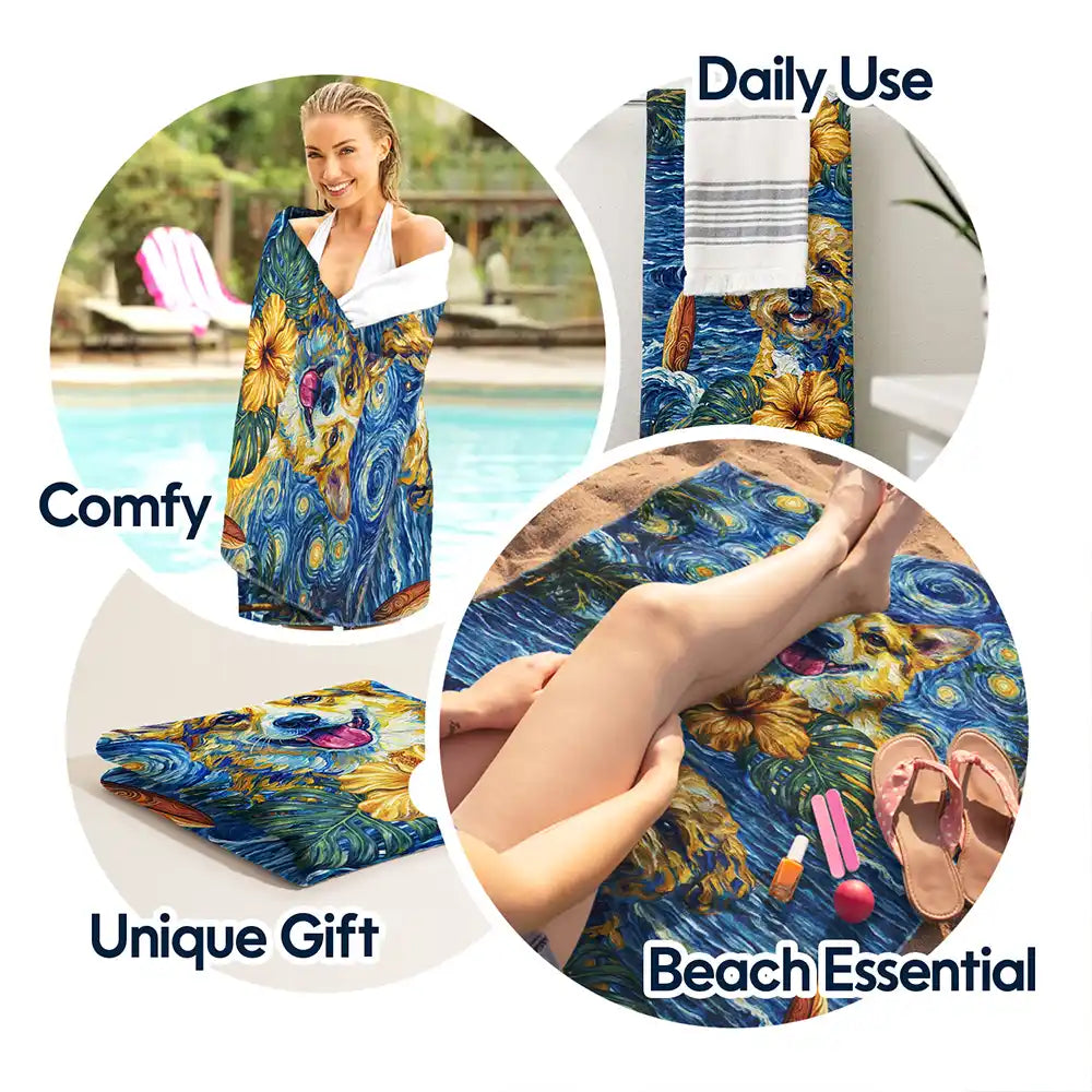 Custom Photo, Beach, Art Design, Summer, Top Market, Pet Mom, Pet Lovers, Gift For Mother, Playful, Photo - Starry Night  - Custom Photo Starry Night Tropical Pattern Dog Cat Kid - Personalized Beach Towel