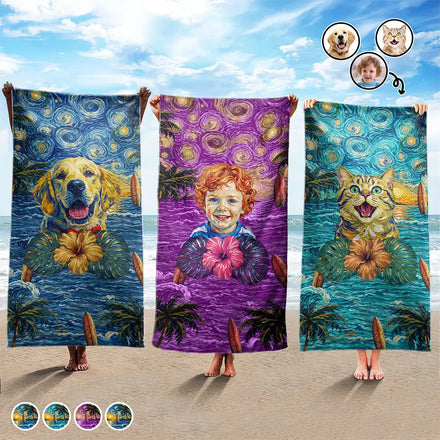 Custom Photo Starry Night Tropical Pattern Dog Cat Kid - Personalized Beach Towel