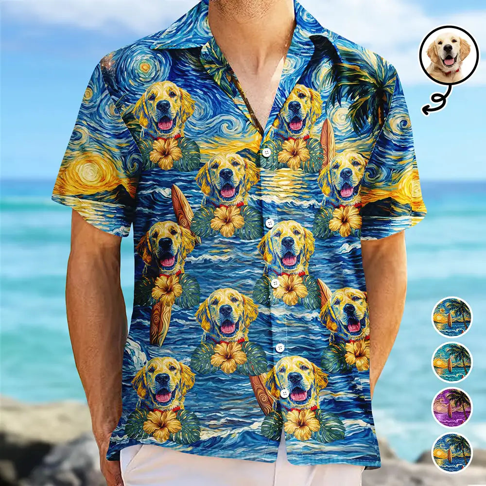 Custom Photo,Beach,Art Design,Summer,Top Market,Pet Dad,Pet Lovers,Gift For Father,Playful,Photo - Starry Night  - Custom Photo Starry Night Tropical Pattern Dog Cat Kid - Personalized Hawaiian Shirt