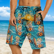 Custom Photo,Art Design,Summer,Top Market,Pet Dad,Pet Lovers,Gift For Father,Playful,Photo - Starry Night  - Custom Photo Starry Night Tropical Pattern Dog Cat Kid - Personalized Unisex Beach Shorts
