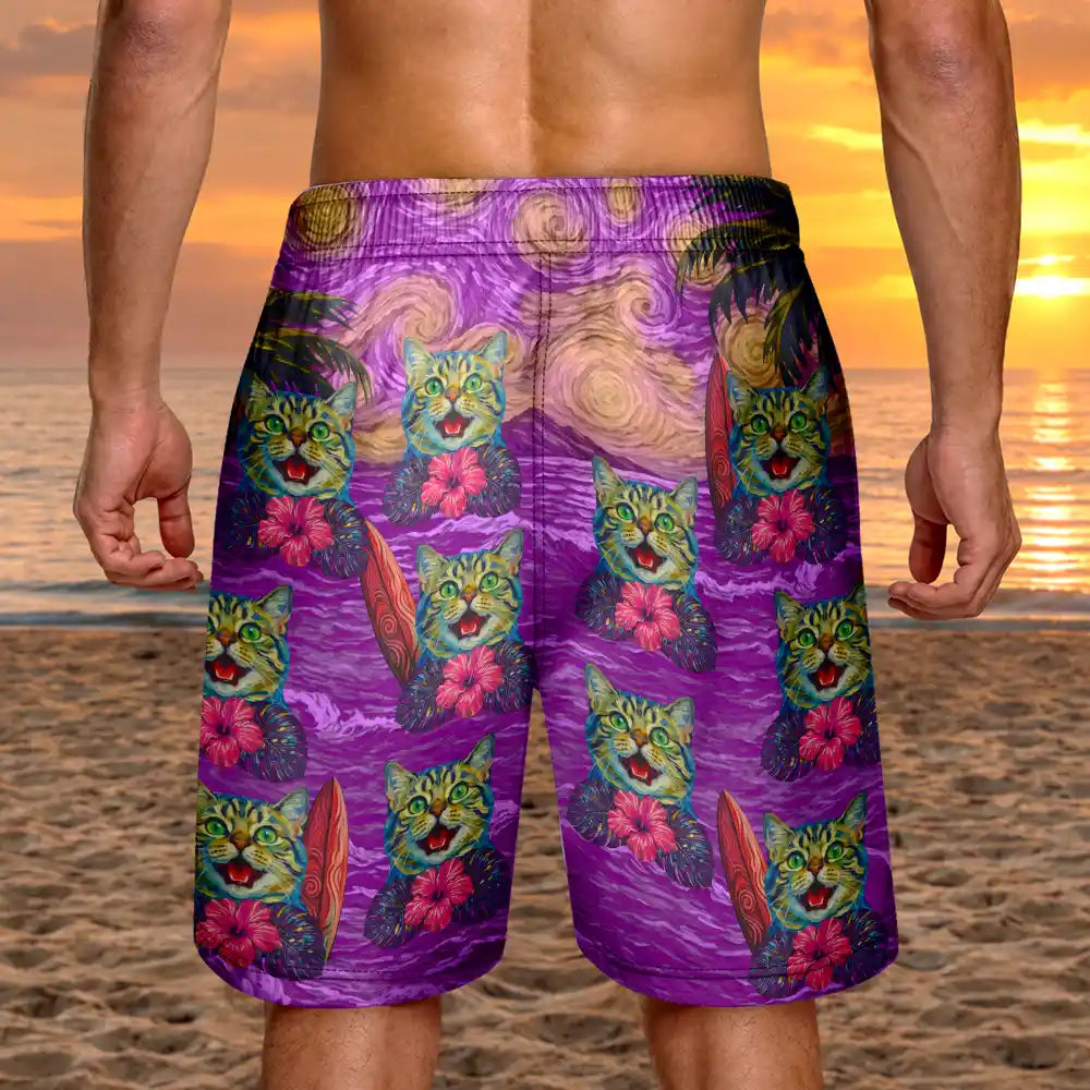 Custom Photo,Art Design,Summer,Top Market,Pet Dad,Pet Lovers,Gift For Father,Playful,Photo - Starry Night  - Custom Photo Starry Night Tropical Pattern Dog Cat Kid - Personalized Unisex Beach Shorts