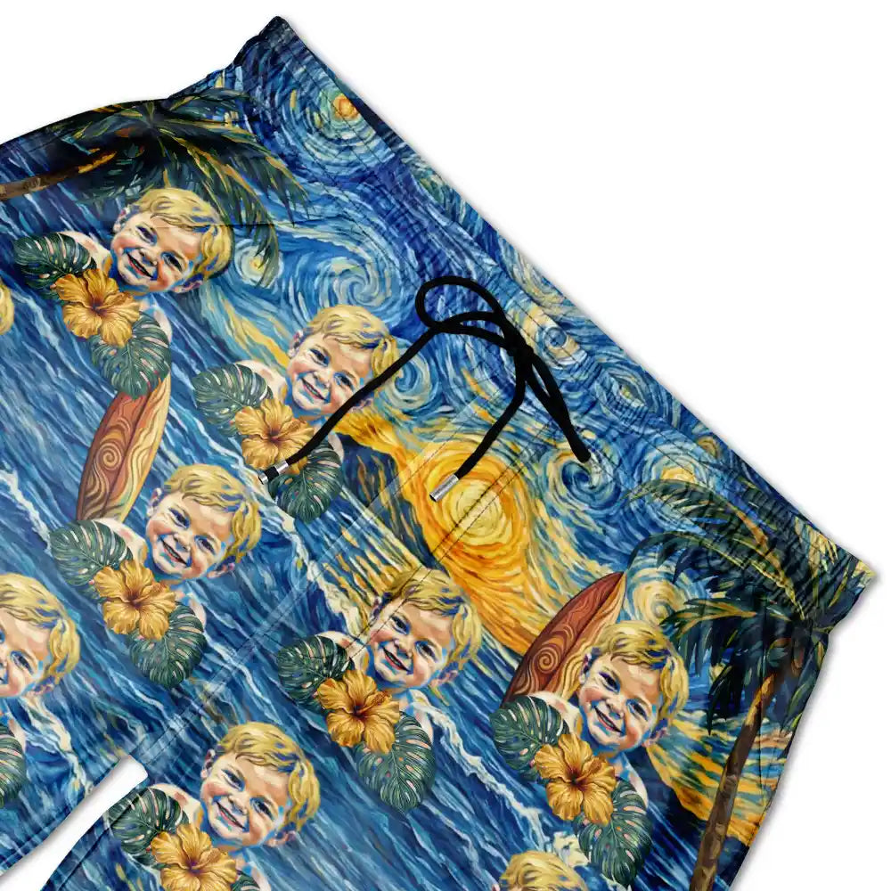 Custom Photo,Art Design,Summer,Top Market,Pet Dad,Pet Lovers,Gift For Father,Playful,Photo - Starry Night  - Custom Photo Starry Night Tropical Pattern Dog Cat Kid - Personalized Unisex Beach Shorts