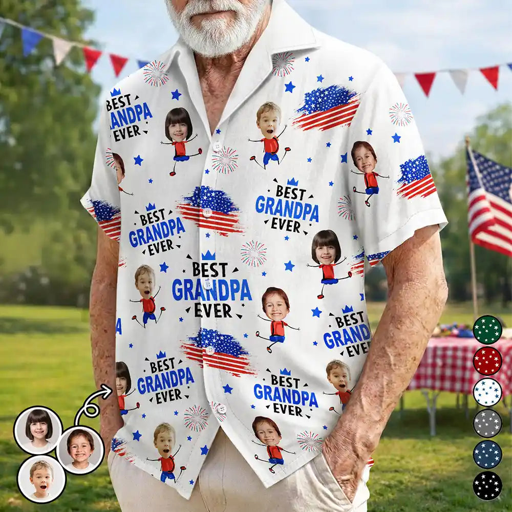 Custom Photo,Independence Day,Gift For Grandpa,Top Market,Adorable,Cut-Face Photo - Custom Photo Stars And Stripes Best Dad Grandpa Ever - Personalized Hawaiian Shirt