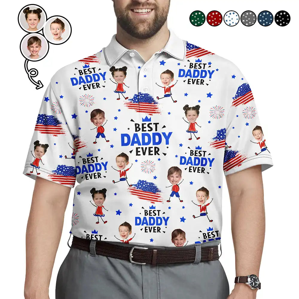 Custom Photo,Independence Day,Gift For Grandpa,Adorable,Cut-Face Photo - Custom Photo Stars And Stripes Best Dad Grandpa Ever - Personalized Polo Shirt