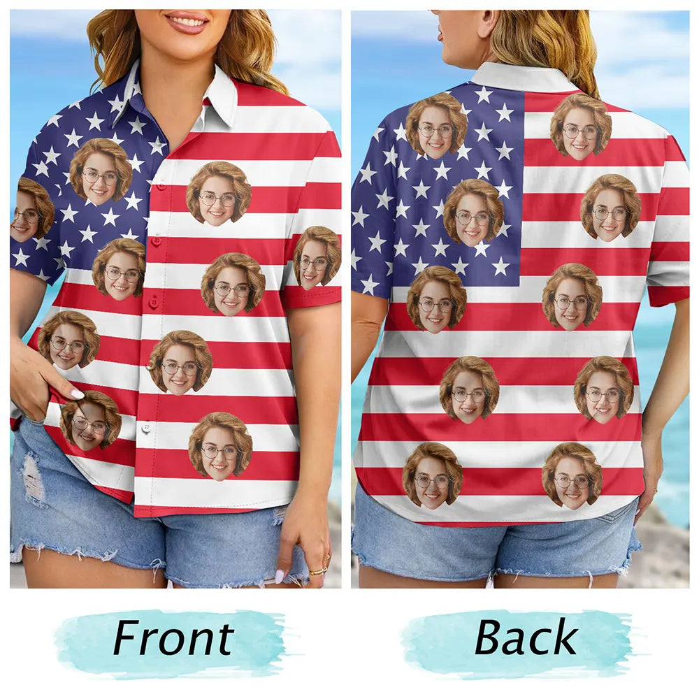 Custom Photo, Independence Day, Summer, Gift For Couples, Humorous, Cut-Face Photo - Custom Photo Stars & Stripes Beach Vibes - Personalized Hawaiian Shirt