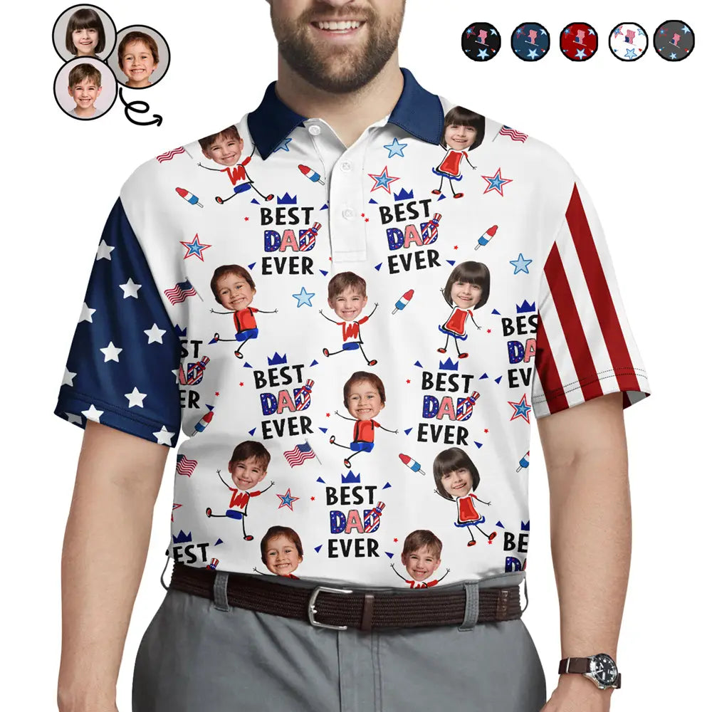 Gift For Mother,Gift For Grandma,Happy,Gift For Father,Gift For Grandpa,Independence Day,Photo,Icon,Humorous - Custom Photo Stars & Stripes Best Dad Grandpa Ever - Personalized Polo Shirt