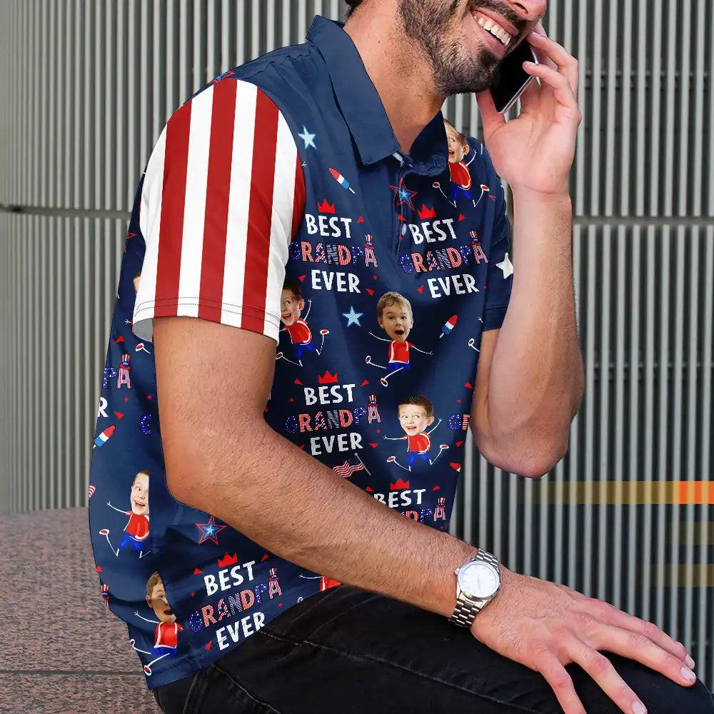 Gift For Mother,Gift For Grandma,Happy,Gift For Father,Gift For Grandpa,Independence Day,Photo,Icon,Humorous - Custom Photo Stars & Stripes Best Dad Grandpa Ever - Personalized Polo Shirt