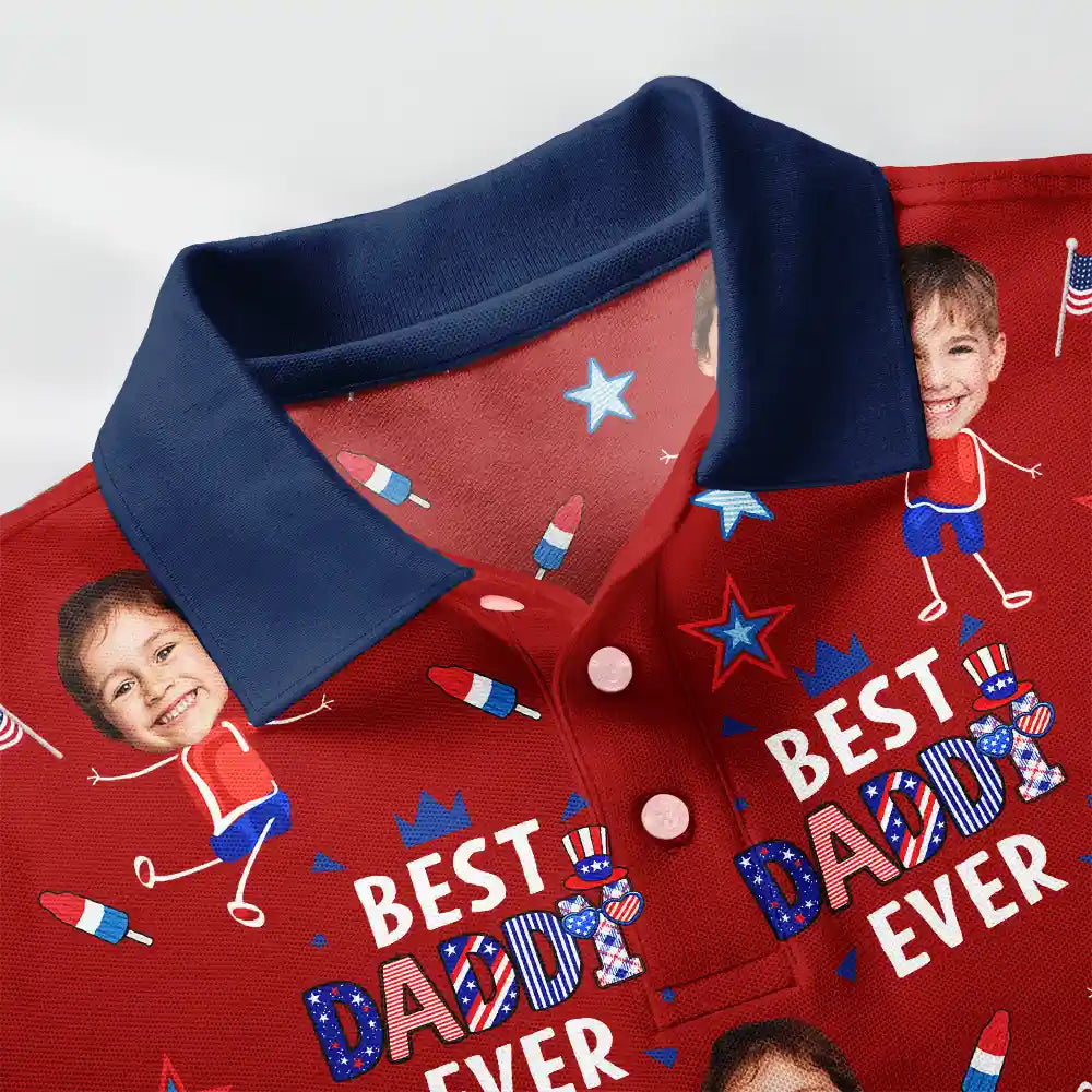 Gift For Mother,Gift For Grandma,Happy,Gift For Father,Gift For Grandpa,Independence Day,Photo,Icon,Humorous - Custom Photo Stars & Stripes Best Dad Grandpa Ever - Personalized Polo Shirt