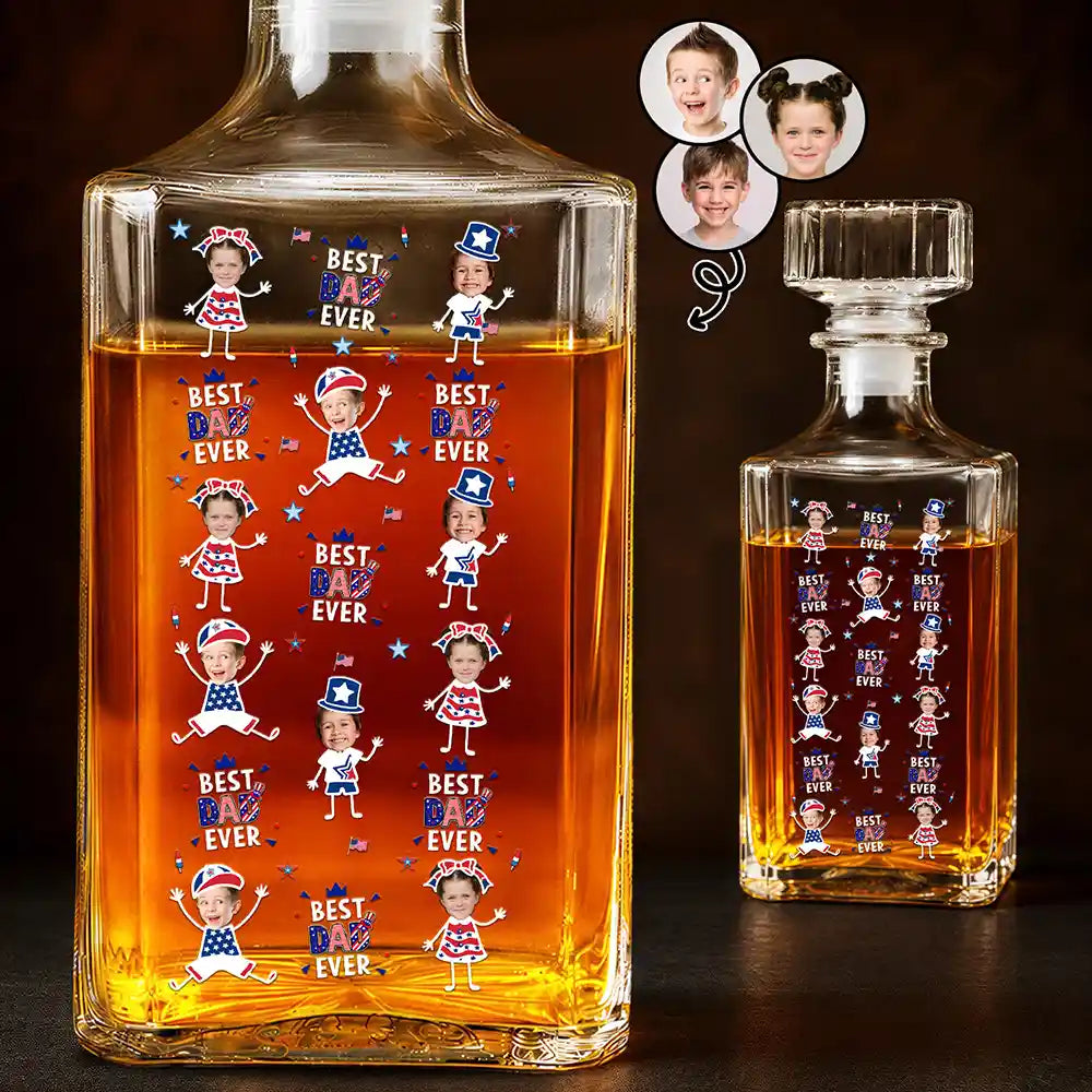 Gift For Father,Custom Photo,Independence Day,Proud,Cut-Face Photo - Custom Photo Stars & Stripes Best Dad Grandpa Ever - Personalized Square Whiskey Bottle