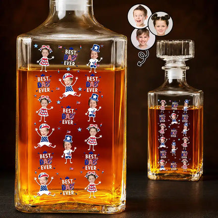 Custom Photo Stars & Stripes Best Dad Grandpa Ever - Personalized Square Whiskey Bottle