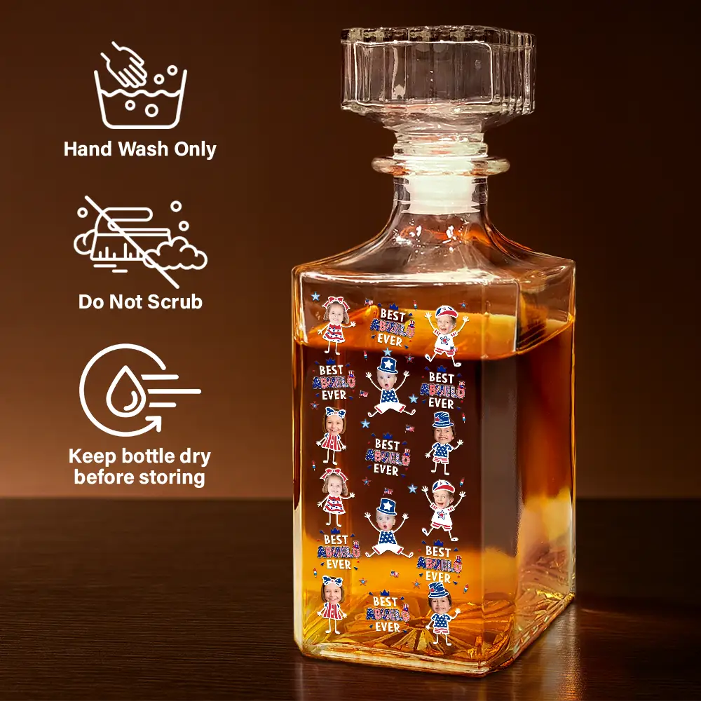 Gift For Father,Custom Photo,Independence Day,Proud,Cut-Face Photo - Custom Photo Stars & Stripes Best Dad Grandpa Ever - Personalized Square Whiskey Bottle