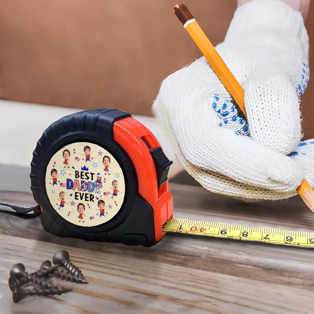 Gift For Father,Gift For Grandpa,Happy,Independence Day,Photo,Icon,Humorous - Custom Photo Stars & Stripes Best Dad Grandpa Ever - Personalized Tape Measure