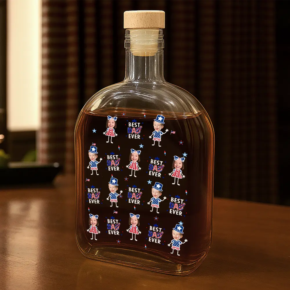 Gift For Father,Custom Photo,Independence Day,Proud,Cut-Face Photo - Custom Photo Stars & Stripes Best Dad Grandpa Ever - Personalized Whiskey Bottle