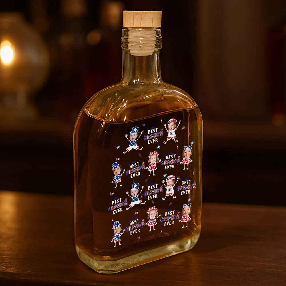 Gift For Father,Custom Photo,Independence Day,Proud,Cut-Face Photo - Custom Photo Stars & Stripes Best Dad Grandpa Ever - Personalized Whiskey Bottle