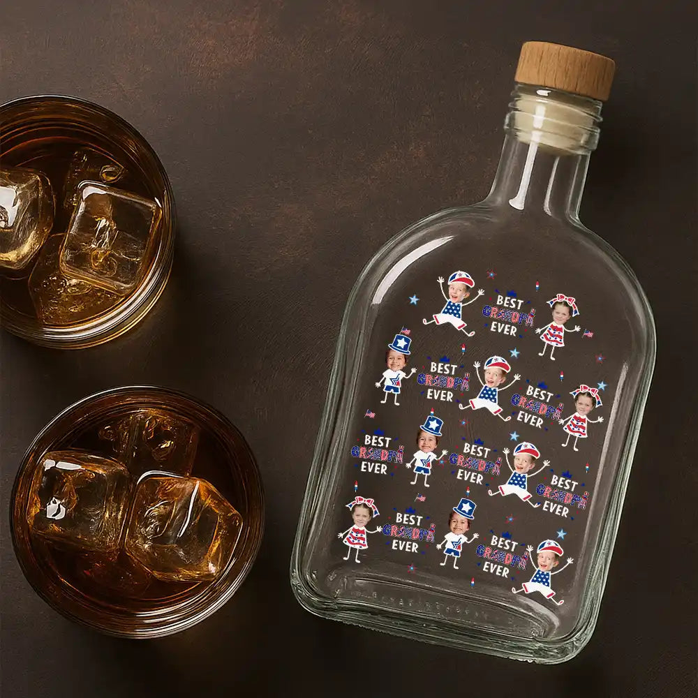 Gift For Father,Custom Photo,Independence Day,Proud,Cut-Face Photo - Custom Photo Stars & Stripes Best Dad Grandpa Ever - Personalized Whiskey Bottle