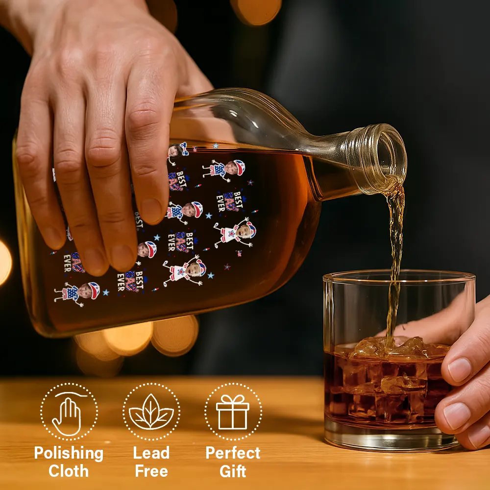 Gift For Father,Custom Photo,Independence Day,Proud,Cut-Face Photo - Custom Photo Stars & Stripes Best Dad Grandpa Ever - Personalized Whiskey Bottle