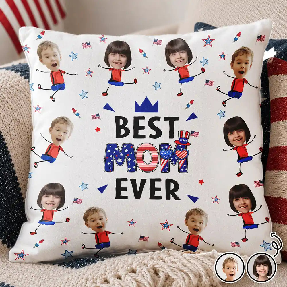 Gift For Mother,Gift For Grandma,Happy,Gift For Father,Gift For Grandpa,Summer,Independence Day,Photo,Icon,Humorous - Custom Photo Stars & Stripes Best Dad Mom Grandpa Grandma Ever - Personalized Pillow