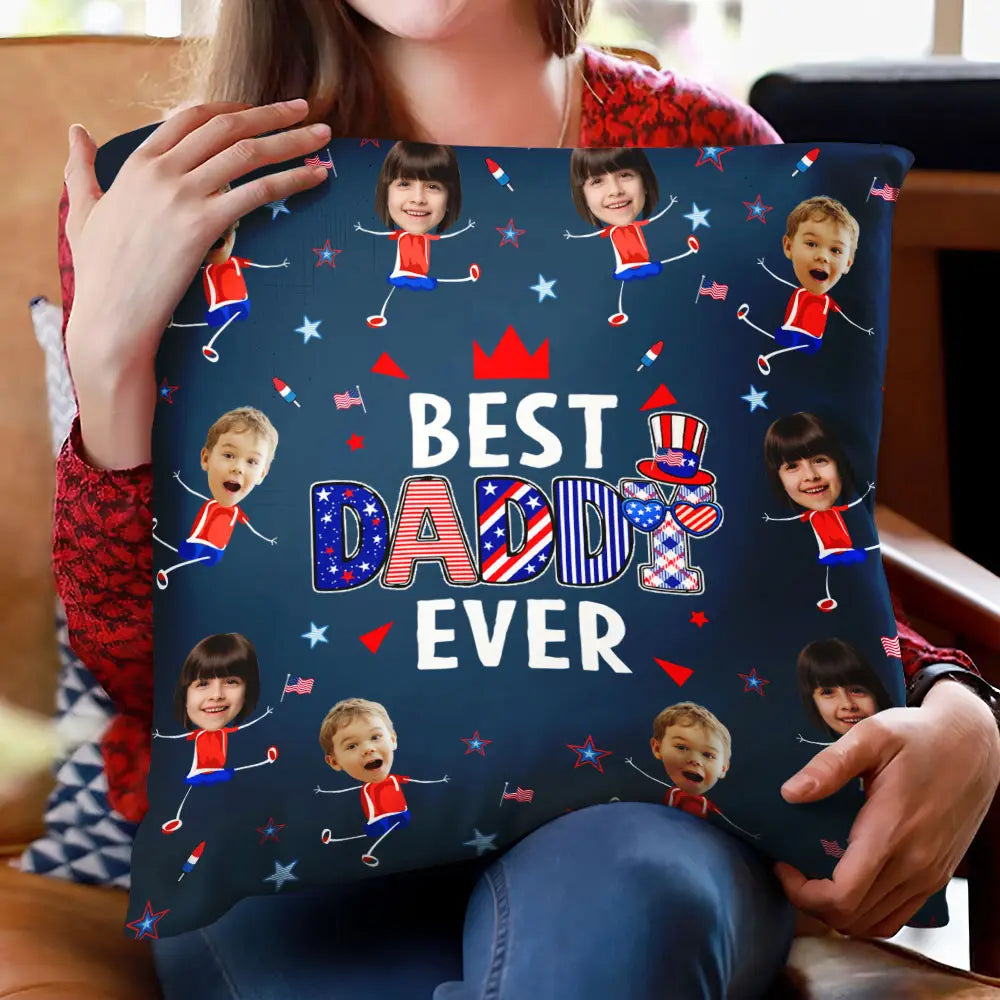 Gift For Mother,Gift For Grandma,Happy,Gift For Father,Gift For Grandpa,Summer,Independence Day,Photo,Icon,Humorous - Custom Photo Stars & Stripes Best Dad Mom Grandpa Grandma Ever - Personalized Pillow