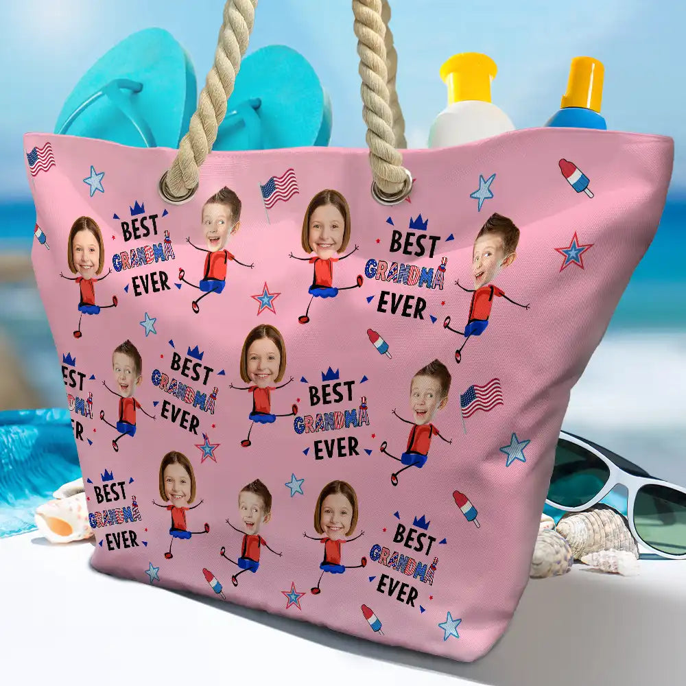 Gift For Mother,Gift For Grandma,Happy,Summer,Independence Day,Non-Eng,Photo,Icon,Humorous - Custom Photo Stars & Stripes Best Mom Grandma Ever - Personalized Beach Bag