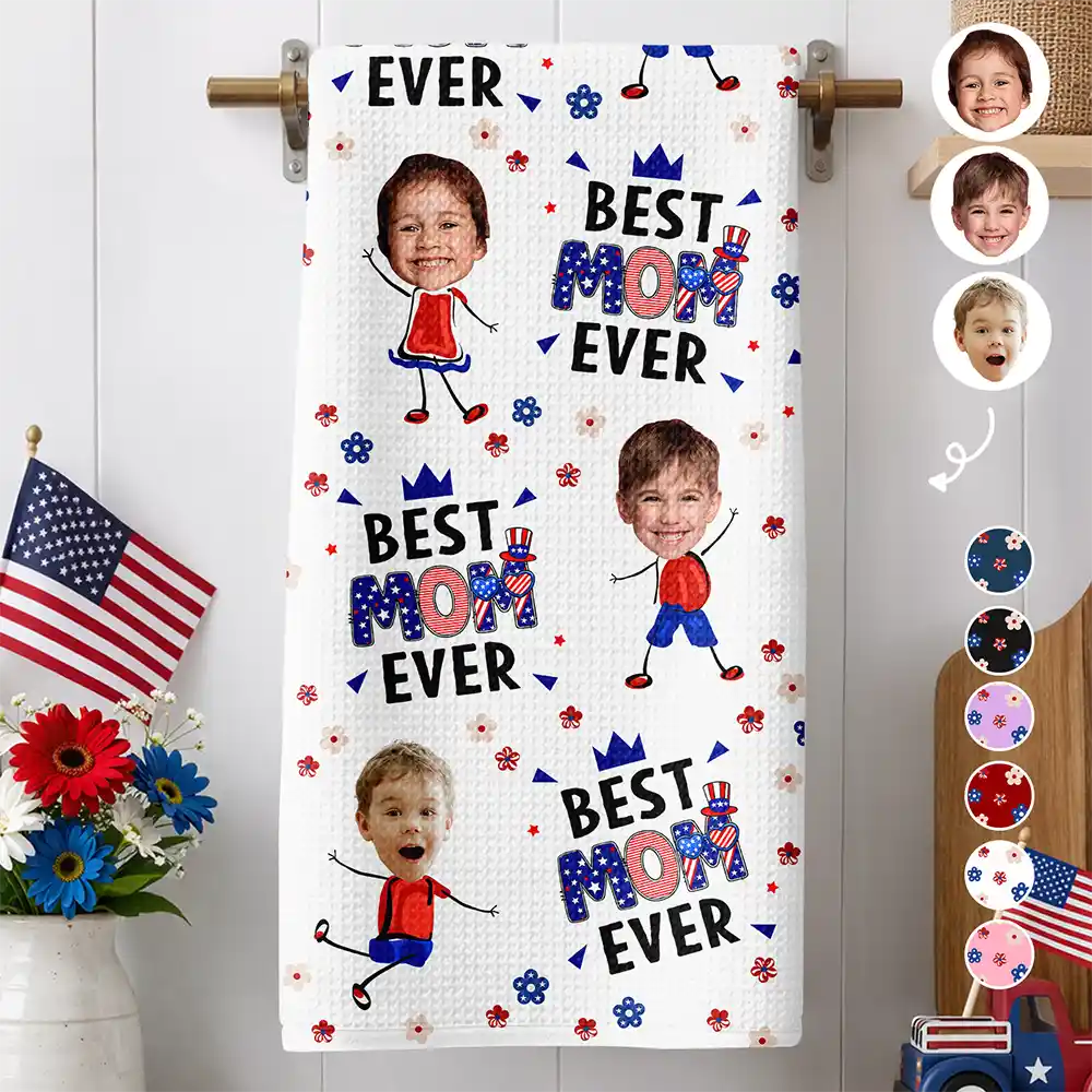Gift For Mother,Gift For Grandma,Happy,Summer,Independence Day,Non-Eng,Photo,Icon,Humorous - Custom Photo Stars & Stripes Best Mom Grandma Ever - Personalized Kitchen Towel
