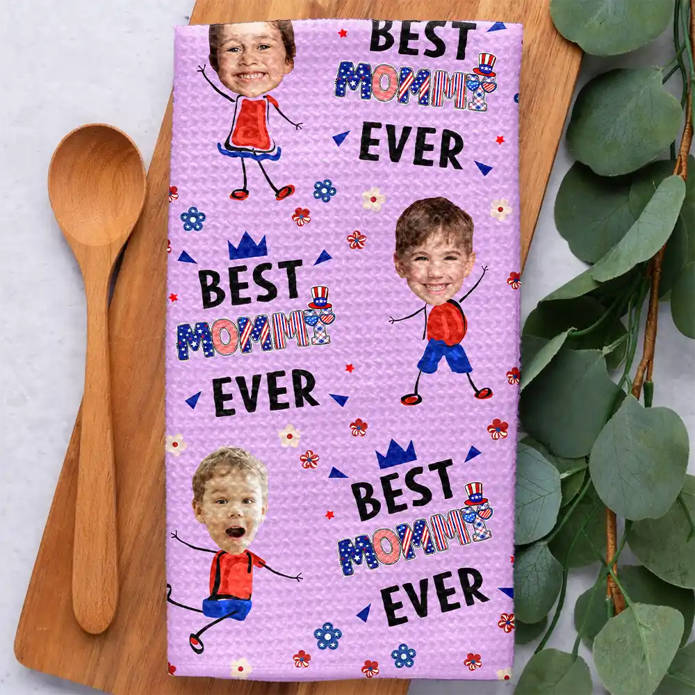 Gift For Mother,Gift For Grandma,Happy,Summer,Independence Day,Non-Eng,Photo,Icon,Humorous - Custom Photo Stars & Stripes Best Mom Grandma Ever - Personalized Kitchen Towel