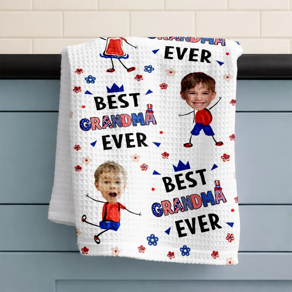 Gift For Mother,Gift For Grandma,Happy,Summer,Independence Day,Non-Eng,Photo,Icon,Humorous - Custom Photo Stars & Stripes Best Mom Grandma Ever - Personalized Kitchen Towel