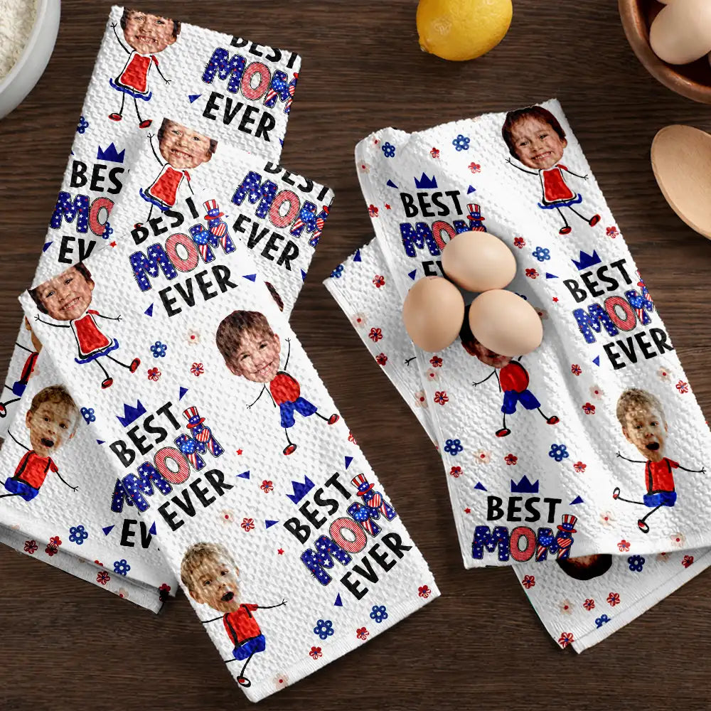 Gift For Mother,Gift For Grandma,Happy,Summer,Independence Day,Non-Eng,Photo,Icon,Humorous - Custom Photo Stars & Stripes Best Mom Grandma Ever - Personalized Kitchen Towel