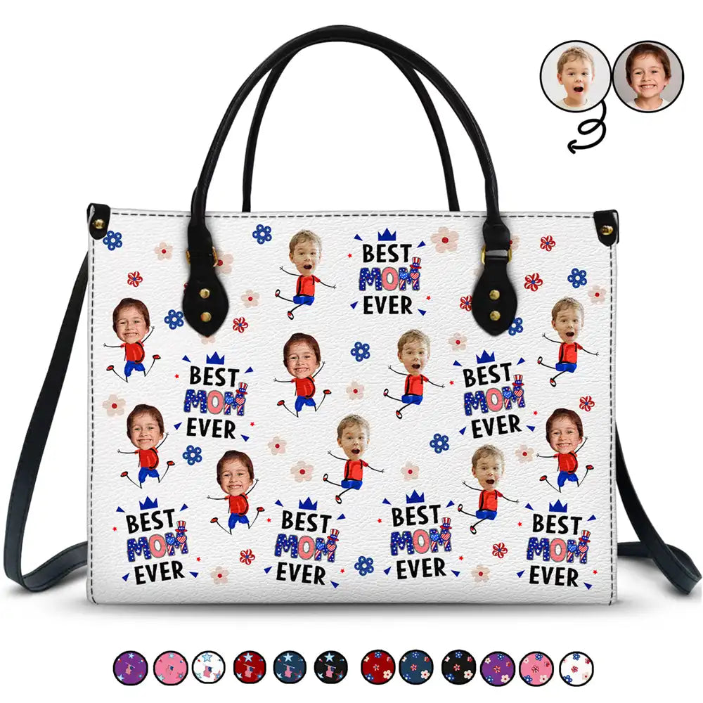 Gift For Mother,Gift For Grandma,Happy,Summer,Independence Day,Non-Eng,Photo,Icon,Humorous - Custom Photo Stars & Stripes Best Mom Grandma Ever - Personalized Leather Bag