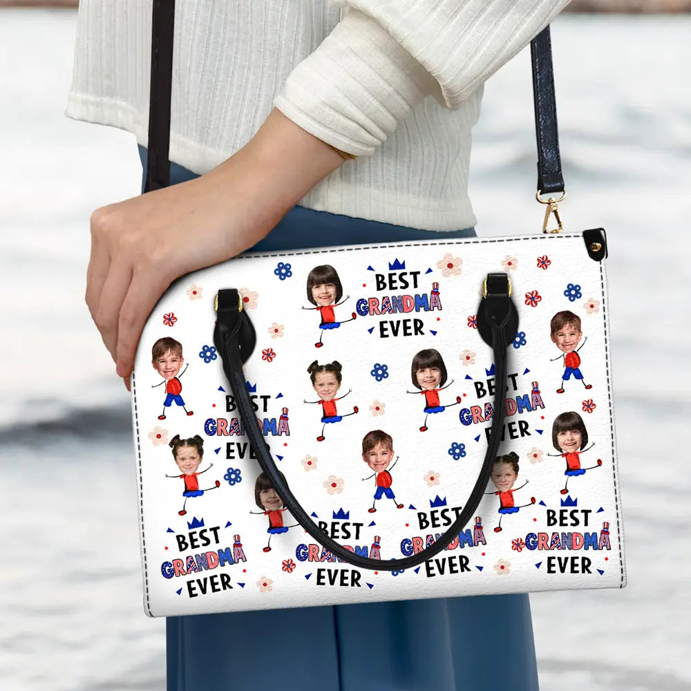 Gift For Mother,Gift For Grandma,Happy,Summer,Independence Day,Non-Eng,Photo,Icon,Humorous - Custom Photo Stars & Stripes Best Mom Grandma Ever - Personalized Leather Bag