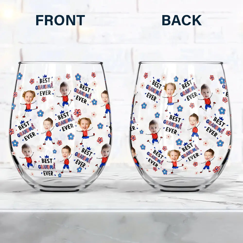 Gift For Mother,Gift For Grandma,Happy,Summer,Independence Day,Photo,Icon,Humorous - Custom Photo Stars & Stripes Best Mom Grandma Ever - Personalized Stemless Wine Glass