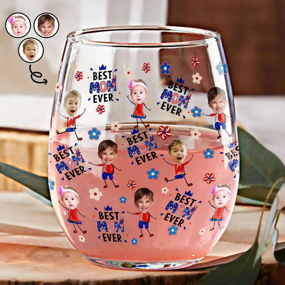 Gift For Mother,Gift For Grandma,Happy,Summer,Independence Day,Photo,Icon,Humorous - Custom Photo Stars & Stripes Best Mom Grandma Ever - Personalized Stemless Wine Glass