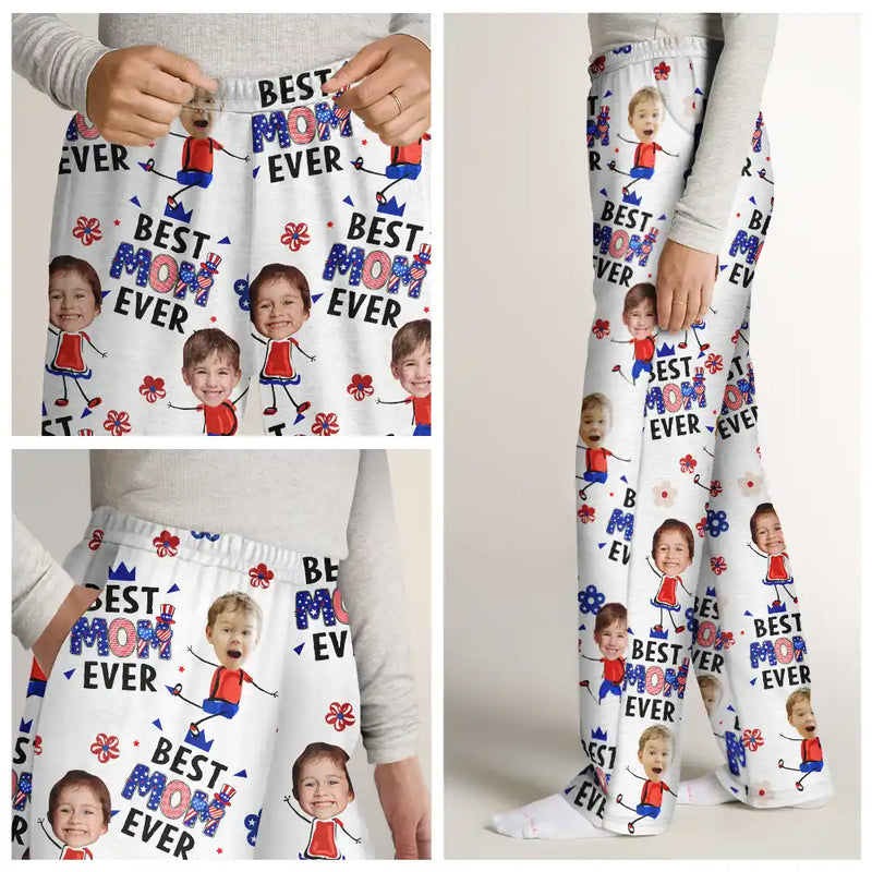 Gift For Grandma, Gift For Mother, Happy - Custom Photo Stars & Stripes Best Mom Mum Grandma Ever - Personalized Pajama Pants