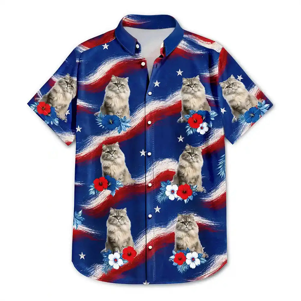 Custom Photo,Independence Day,Summer,Top Market,Pet Dad,Pet Lovers,Gift For Father,Proud,Remove BG Photo - Custom Photo Stars & Stripes Dog Cat Happy Paws - Personalized Hawaiian Shirt