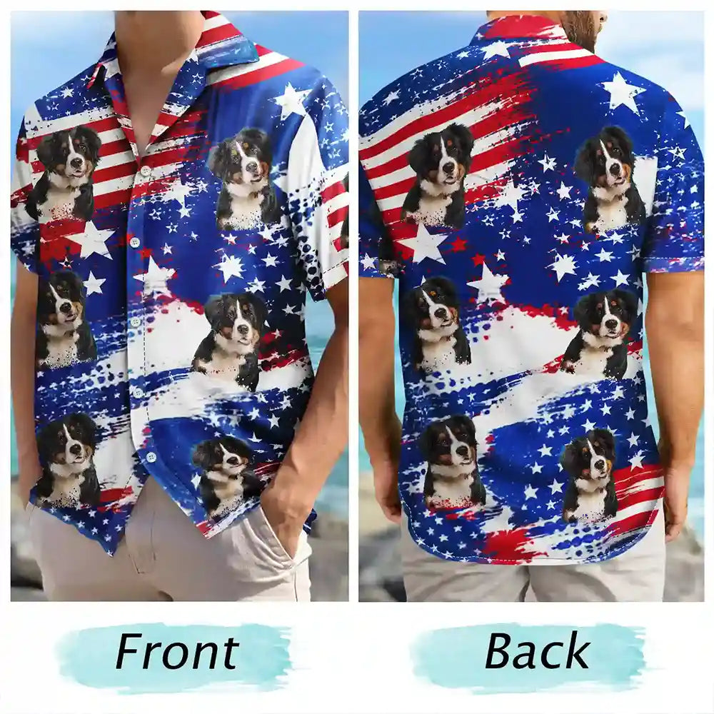 Custom Photo,Independence Day,Summer,Top Market,Pet Dad,Pet Lovers,Gift For Father,Proud,Remove BG Photo - Custom Photo Stars & Stripes Dog Cat Happy Paws - Personalized Hawaiian Shirt