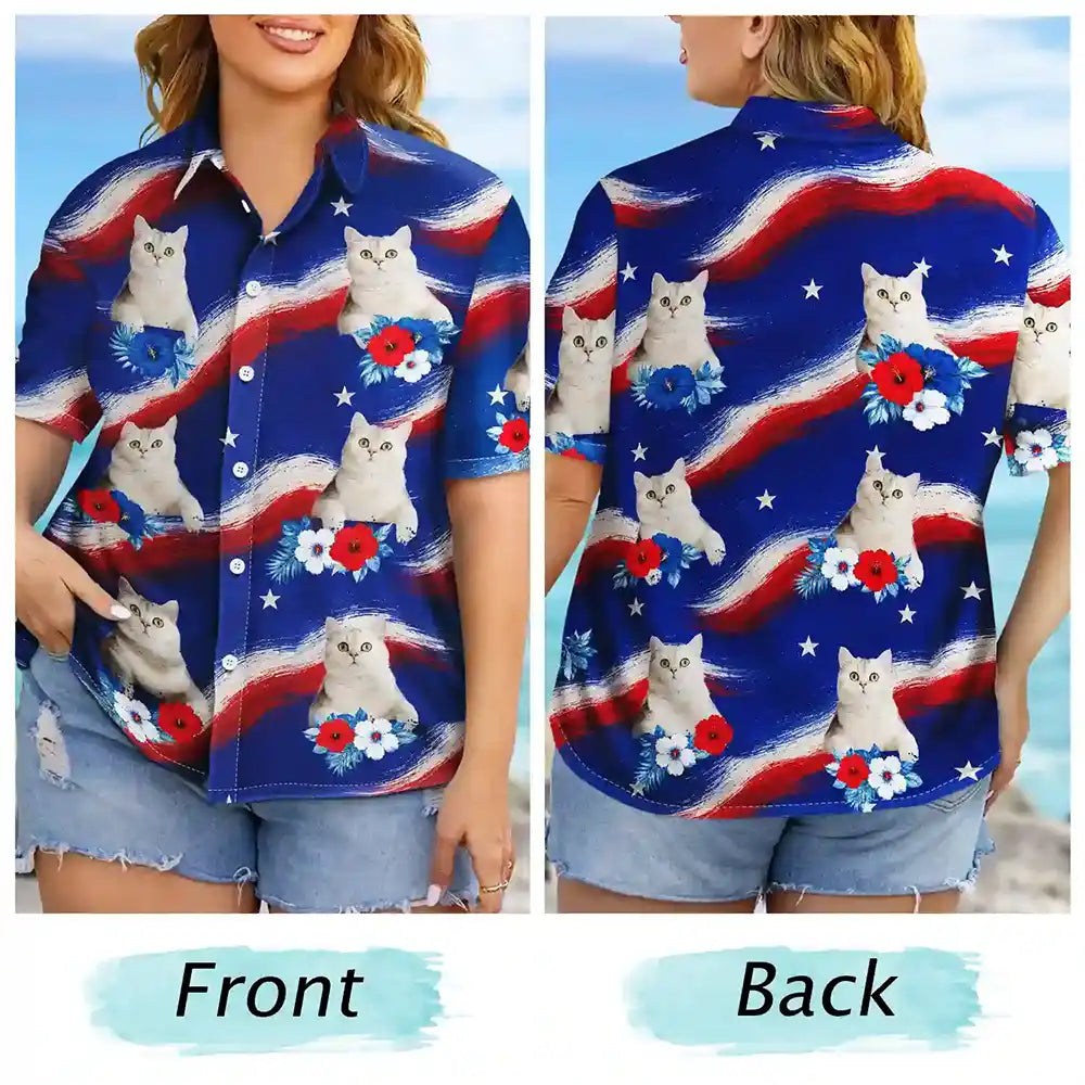 Custom Photo,Independence Day,Summer,Top Market,Pet Dad,Pet Lovers,Gift For Father,Proud,Remove BG Photo - Custom Photo Stars & Stripes Dog Cat Happy Paws - Personalized Hawaiian Shirt