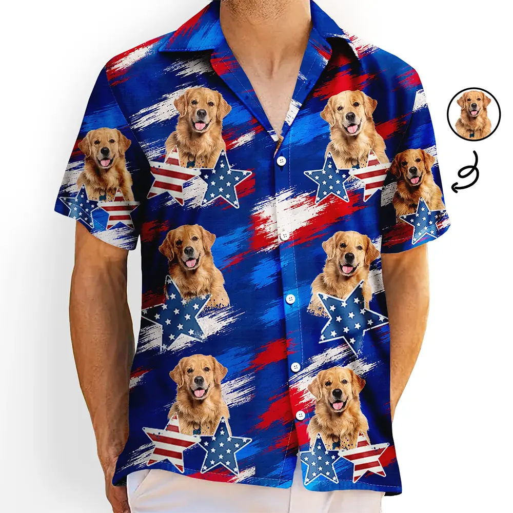 Custom Photo,Independence Day,Summer,Top Market,Pet Dad,Pet Lovers,Gift For Father,Proud,Remove BG Photo - Custom Photo Stars & Stripes Dog Cat Happy Paws - Personalized Hawaiian Shirt