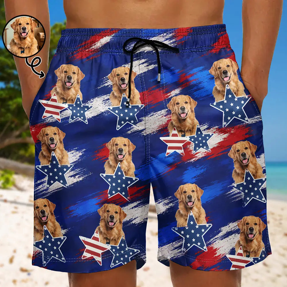Gift For Father,Custom Photo,Independence Day,Beach,Summer,Top Market,Adorable,Remove BG Photo - Custom Photo Stars & Stripes Dog Cat Happy Paws - Personalized Unisex Beach Shorts