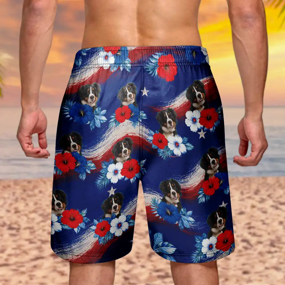 Gift For Father,Custom Photo,Independence Day,Beach,Summer,Top Market,Adorable,Remove BG Photo - Custom Photo Stars & Stripes Dog Cat Happy Paws - Personalized Unisex Beach Shorts